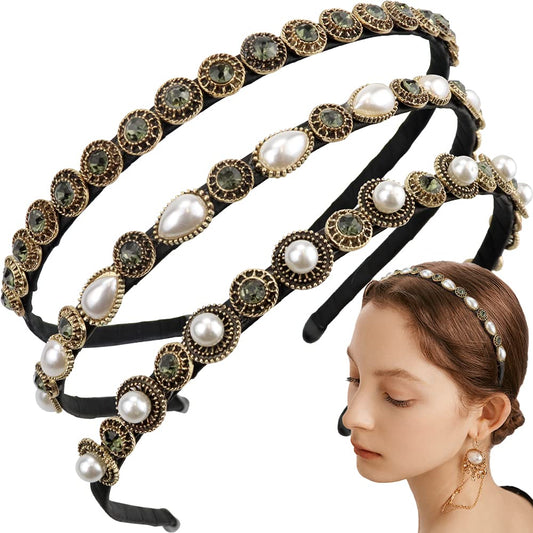 Naihod 3 Pcs Pearls Rhinestones Thin Headbands For Women Girls Luxury Vintage Hair Bands For Women'S Hair With Cloth Wrapped Met