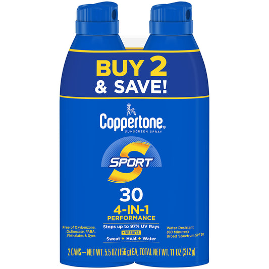 Coppertone Sport Sunscreen Spray Spf 30, Water Resistant Spray Sunscreen, Broad Spectrum Spf 30 Sunscreen Pack, 5.5 Oz Spray, Pa
