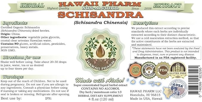 Schisandra Alcohol-Free Liquid Extract, Organic Schisandra (Schisandra Chinensis) Dried Berry Glycerite Natural Herbal Supplement, Hawaii Pharm, USA 2x4 fl.oz