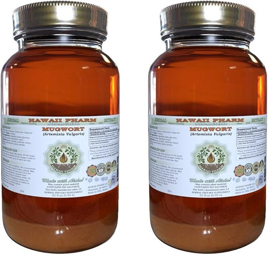 Mugwort Alcohol-Free Liquid Extract, Organic Mugwort (Artemisia vulgaris) Dried Flower Glycerite Natural Herbal Supplement, Hawaii Pharm, USA 2x32 oz Unfiltered