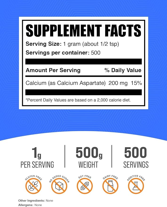 BulkSupplements.com Calcium Aspartate Powder - Calcium Supplement Powder, Essential Nutrient - Gluten Free, 1g per Serving, 500g (1.1 lbs) (Pack of 1)