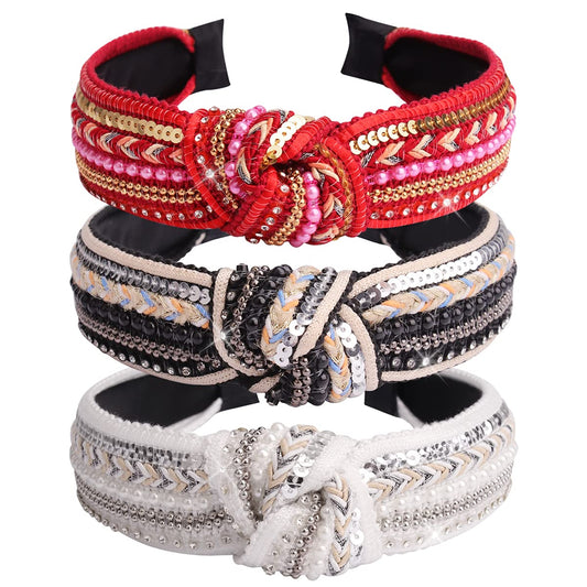 Tobatoba Knotted Headbands For Women Sequins Pearl Headband Top Knot Headband Turban Boho Headbands For Women Beaded Wide Headba