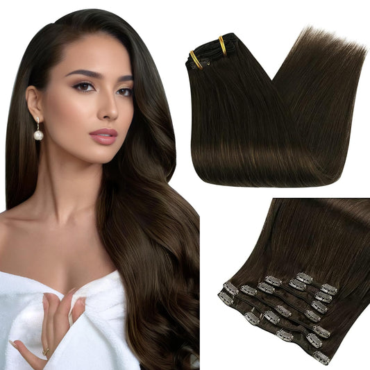 Full Shine Short Brown Hair Extensions Clip In Human Hair Double Weft Brazilian Remy Hair Clip In Extensions 7 Pcs Invisible Cli