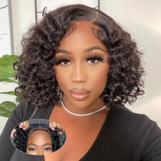 Golfmax 8 Inch Glueless Wigs Human Hair Pre Plucked Pre 4X4 Lace Closure Bob Wigs Human Hair Deep Wave Curly Lace Front Wigs Hum