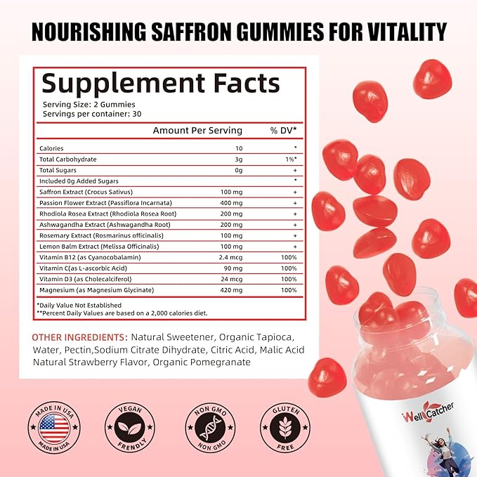 Saffron Gummies for Adults Kids - Organic Saffron Extract Supplement for Men Women Sugar Free for Mood Balance Support Better Sleep Metabolism with Vitamins Non GMO Strawberry Flavored 30 Days Supply