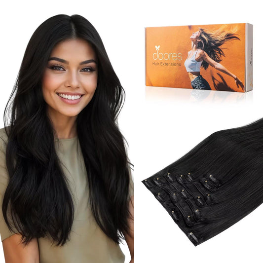 Doores Clip In Hair Extensions Jet Black 14 Inch 7Pcs 120G Remy Human Hair Extensions Clip In Real Natural Hair Extensions Strai