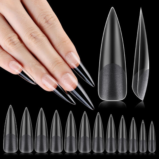 Inenk No C Curve Xxl Stiletto Nail Tips, Half Matte Clear Half Cover, Stiletto Flat Tips For Acrylic Nails Art Design, Salons, H