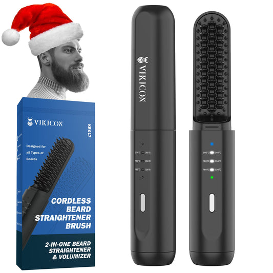 VIKICON Beard Straightening Heat Brush for Men: Cordless Beard and Hair Straightener Hot Comb, Mini & Anti-Scald & Auto Shut Off
