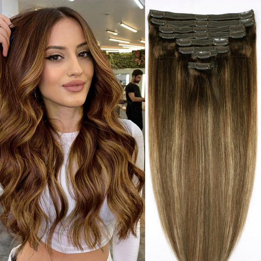 Pobokix Balayage Clip In Hair Extensions Real Human Hair Straight Human Hair Clip Ins For Women, Natural Soft Remy Human Hair, 8
