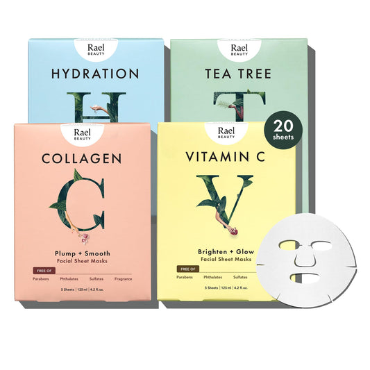 Rael Face Mask Skin Care, Bamboo Facial Mask Sheet Set - Variety Pack, Korean Skincare, All Skin Types, Gift Set (5 Hydration, 5