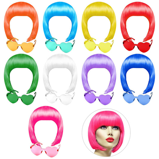 PLULON 9 Pcs Colorful Short Bob Wig and 9 Pcs Sunglass Set Neon Colored Wigs Cosplay Wigs Daily Party Hairpieces for Bachelorett