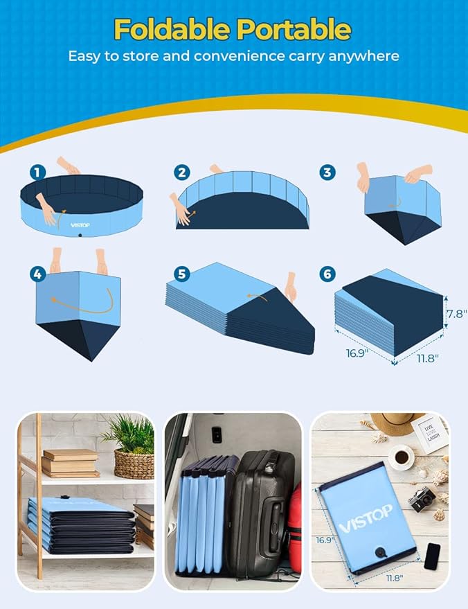 VISTOP Jumbo Foldable Dog Pool, Hard Plastic Shell Portable Swimming Pool for Dogs Cats and Kids Pet Puppy Bathing Tub Collapsible Kiddie Pool (87inch.D x 15.7inch.H, Blue)