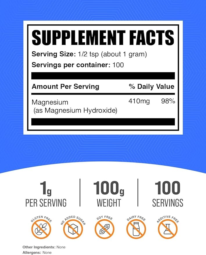 BulkSupplements.com Magnesium Hydroxide Powder - Magnesium Supplement, Food Grade Magnesium Hydroxide, Magnesium Hydroxide Supplement - 1000mg (410mg of Magnesium) per Serving, 100g (3.5 oz)