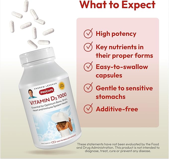 ANDREW LESSMAN Vitamin D3 1000 IU 60 Capsules - High Potency, Essential for Calcium Absorption, Supports Bone Health, Healthy Muscle Function, Immune System, More. Small Easy to Swallow Capsules