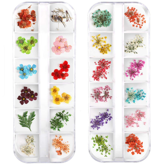 Teenior 24 Colors Nail Dried Flowers, 3D Nail Art Sticker For Tips Manicure Decor Mixed Accessories, Starry Leaves Flower (2 Box