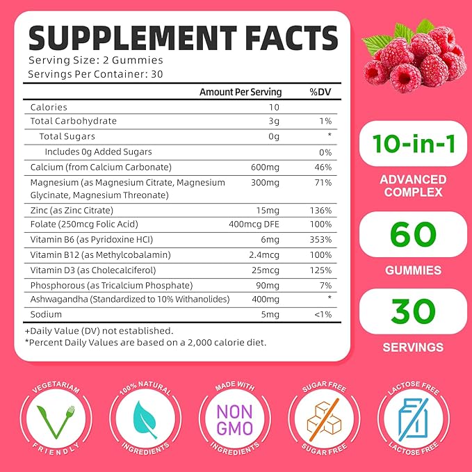 Calcium Magnesium Zinc Gummies with Vitamin D3, Sugar Free Calcium Gummies for Women Men, High Potency Magnesium Gummies for Bone & Muscle & Immune Health, Raspberry Flavor - 120 Count