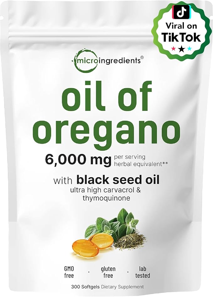 Micro Ingredients Oil of Oregano Softgels 300 Count & Lions Mane Supplement 240 Veggie Capsules Bundle 2 Pack | Carvacrol & Thymoquinone | Superfood Mushroom Antioxidants with L-Ergothioneine
