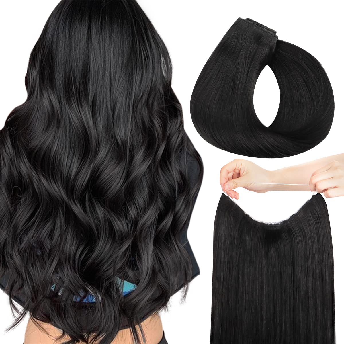 Hotbanana Wire Hair Extensions, 16 Inch 95G Natural Black Fish Line Hair Extensions Real Human Hair Straight Invisible Wire Hair