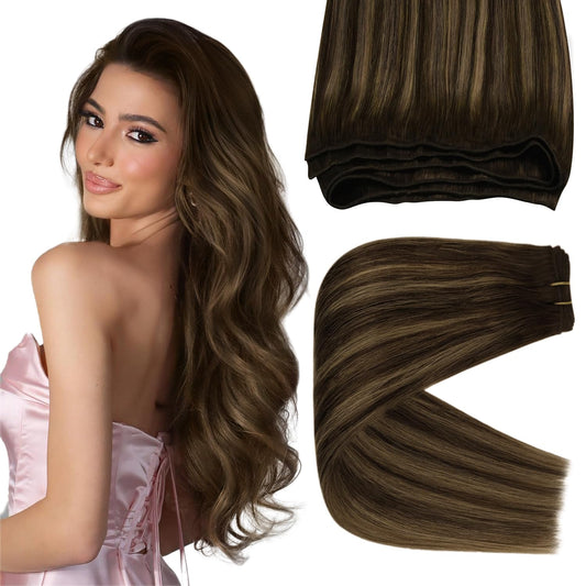 Sunny Human Hair Weft Extensions 12Inch Balayage Weft Hair Extensions Human Hair Sew In Extensions Dark Brown Ombre Caramel Blon