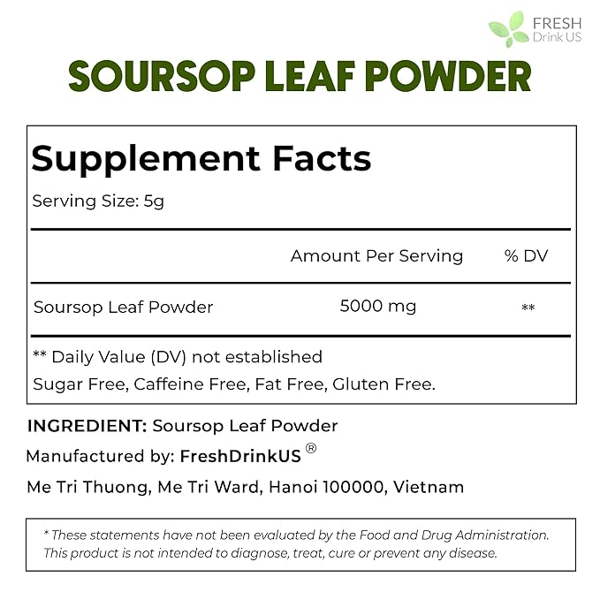 FRESHDRINKUS 4.5oz Soursop Leaf Powder, 100% Natural and Pure from Soursop Graviola Leaves, Soursop Leaf Tea, No Additives, No Gluten, No Sugar, Vegan