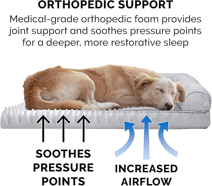 Furhaven Orthopedic Dog Bed for Large Dogs w/ Removable Bolsters & Washable Cover, For Dogs Up to 95 lbs - Plush & Suede Sofa - Gray, Jumbo/XL