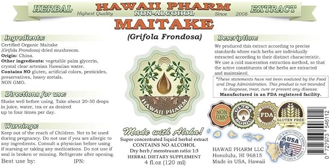 Maitake Alcohol-Free Liquid Extract, Organic Maitake (Grifola Frondosa) Dried Mushroom Glycerite Natural Herbal Supplement, Hawaii Pharm, USA 32 oz Unfiltered
