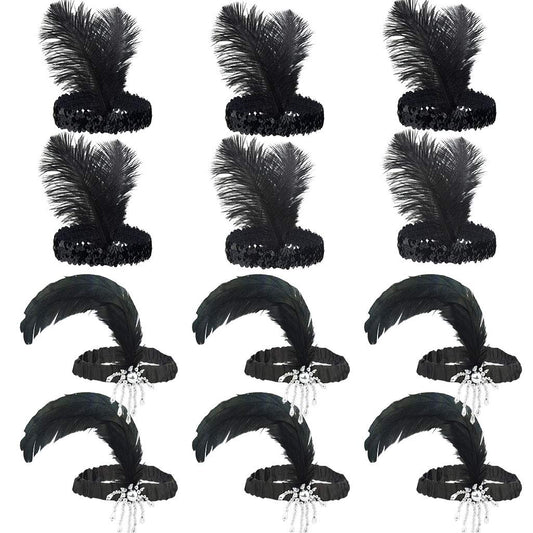 Tongcloud 12Pcs 1920S Flapper Headband, Costume Flapper Headpiece For Women, Black Feather Headband, Great Gatsby 1920S Hair Acc