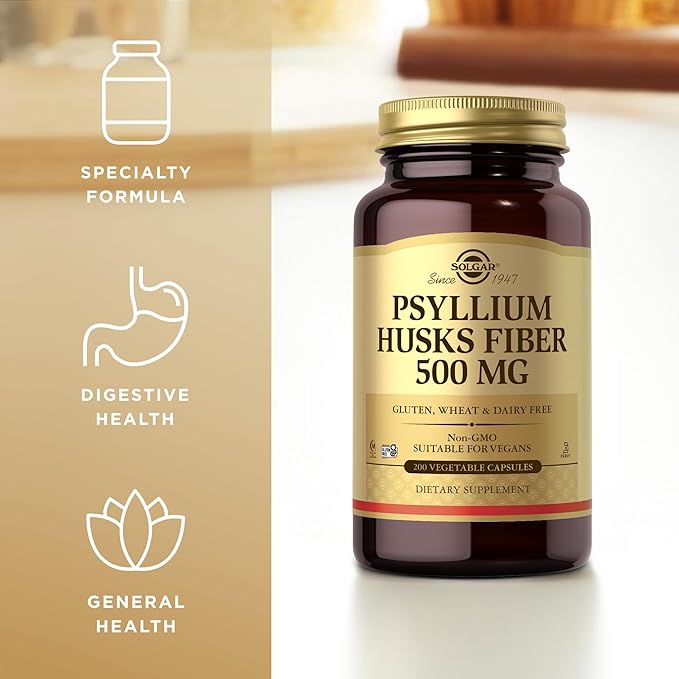 SOLGAR Psyllium Husks Fiber 500 mg - 200 Vegetable Capsules - Non-GMO, Vegan, Gluten Free, Dairy Free, Kosher, Halal - 100 Servings