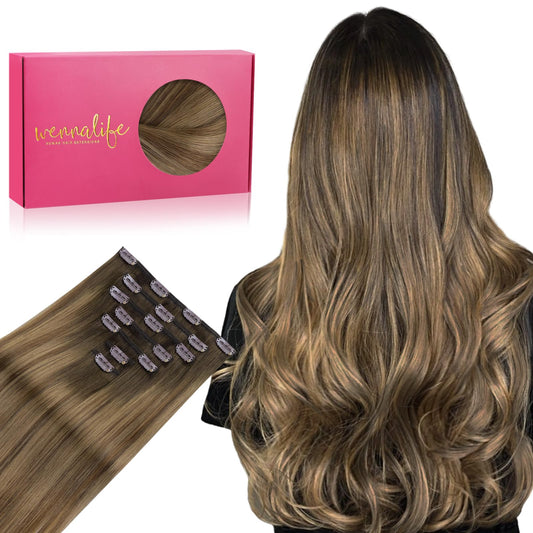 Wennalife Clip In Hair Extensions Real Human Hair, 16 Inch 120G 7Pcs Human Hair Extensions Clip In Human Hair, Light Ash Brown T
