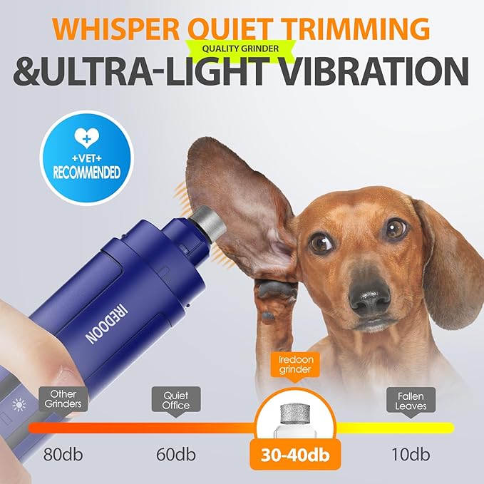 Dog Nail Grinder Upgraded - Professional 3-Speed Super Quiet and Low Vibration Electric Pet Nail Grinder with 4 LED Lights - Painless Paws Grooming & Smoothing for Small to Large Dogs (Blue)