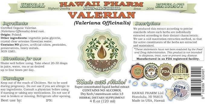 Valerian Alcohol-Free Liquid Extract, Organic Valerian (Valeriana Officinalis) Dried Root Glycerite Natural Herbal Supplement, Hawaii Pharm, USA 2x2 fl.oz