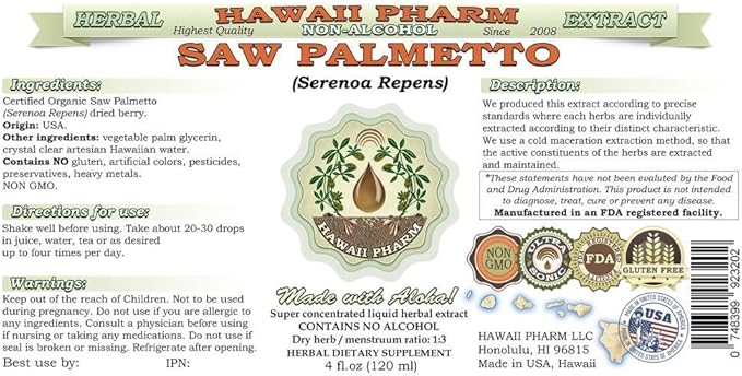 Saw Palmetto Alcohol-Free Liquid Extract, Organic Saw Palmetto (Serenoa Repens) Dried Berry Glycerite Natural Herbal Supplement, Hawaii Pharm, USA 2x4 fl.oz