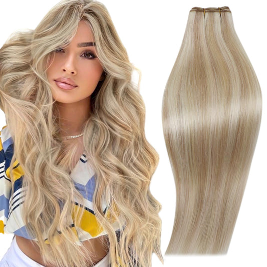 Runature Weft Hair Exensions Human Hair 22 Inch Ash Blonde Highlight Paltinum Blonde Long Human Hair Double Weft Extensions Stra