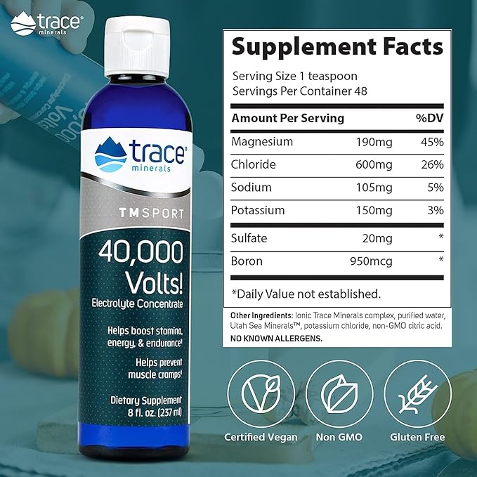 Trace Minerals 40,000 Volts - Concentrate Supplement Drops for Electrolyte Support - Support Muscle Health & Vitality - Workout Drink to Aid Hydration - 8 fl oz (48 Servings)