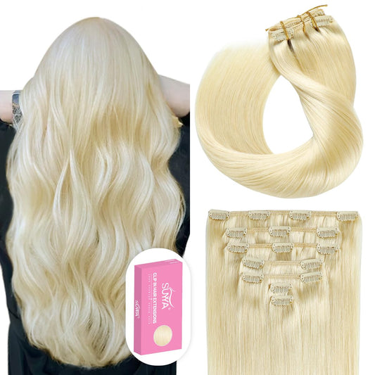 Suyya Clip In Hair Extensions Real Human Hair 14 Inch 110G 7Pcs Platinum Blonde Hair Extensions Real Human Hair Clip Ins Silky S