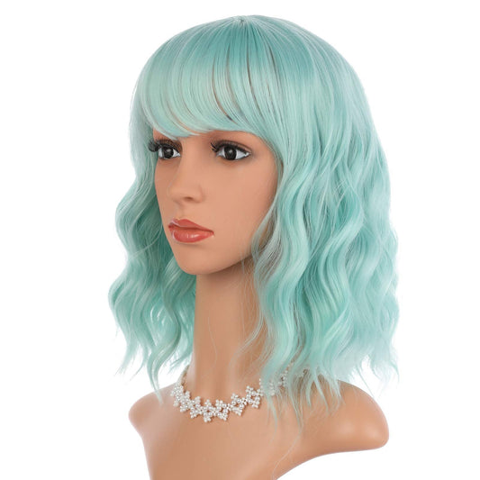 Enilecor Short Wavy Mint Green Wig With Air Bangs,14'' Curly Bob Wig For Women,Shoulder Length Fun Wigs Synthetic Colorful Wigs
