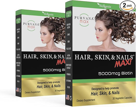 Purvana Max Hair, Skin, and Nails Vitamin - 5000mcg Biotin, Folic Acid, DMAE, Grape Seed Extract - One a Day Vegan Hair, Skin, Nails Support - Promotes Collagen Production - 30 Caps (Pack of 2)