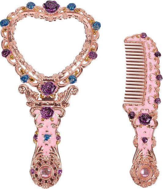 Nerien Antique Mirror Comb Set Vintage Metal Handheld Mirror Heart Shape Embossed Rose Hand Mirror With Comb Antique-Style Russi