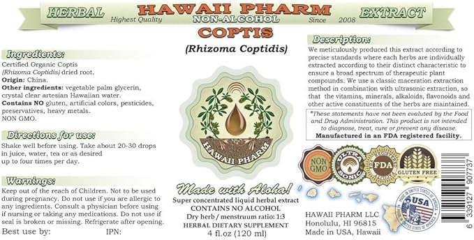 Coptis Alcohol-Free Liquid Extract, Coptis (Rhizoma Coptidis) Dried Root Glycerite Hawaii Pharm Natural Herbal Supplement 2x2 oz