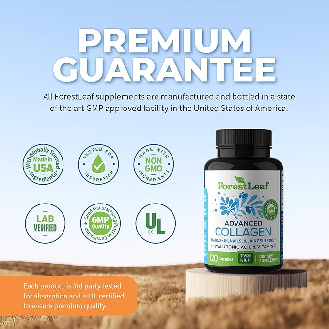 ForestLeaf Multi Collagen Pills with Hyaluronic Acid + Vitamin C | Hydrolyzed Collagen Supplements for Women or Men | Multi Collagen Capsules Peptides for Skin, Wrinkles, 120 Caps