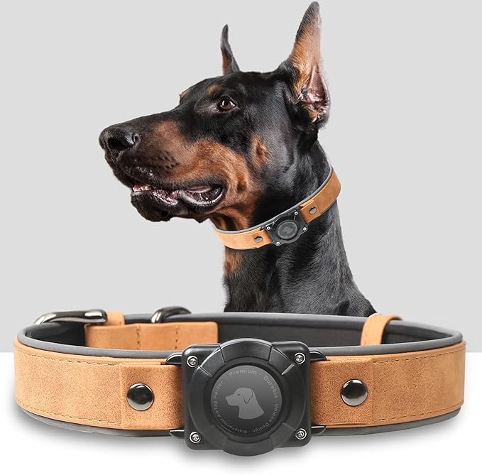 AirTag Dog Collar - Leather Dog Collar with Air Tag Holder | IPX8 Waterproof, Reflective, High - End, Adjustable Soft Padded | Dog GPS Tracker Collars Fit for Medium Large Dogs (Light Brown, L)