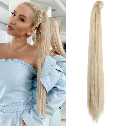 Seikea 28 Inch Clip In Ponytail Extension Wrap Around Long Straight Pony Tail Hair Synthetic Hairpiece For Women Color Cool Plat