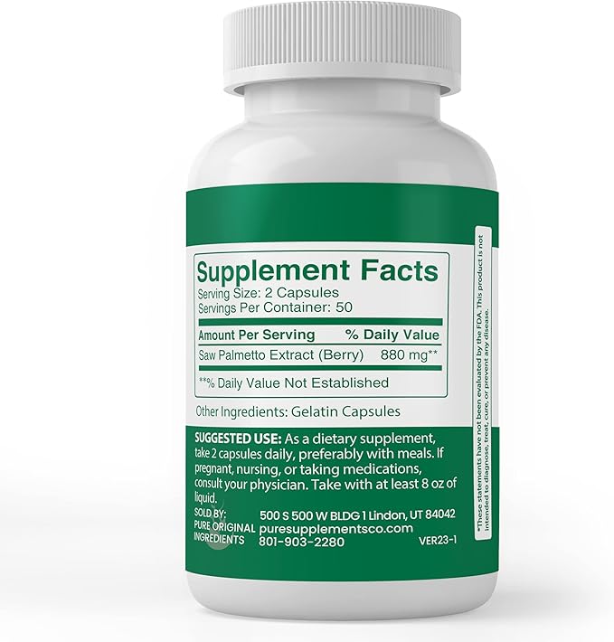 PURE ORIGINAL INGREDIENTS Saw Palmetto, (100 Capsules) Always Pure, No Additives Or Fillers, Lab Verified