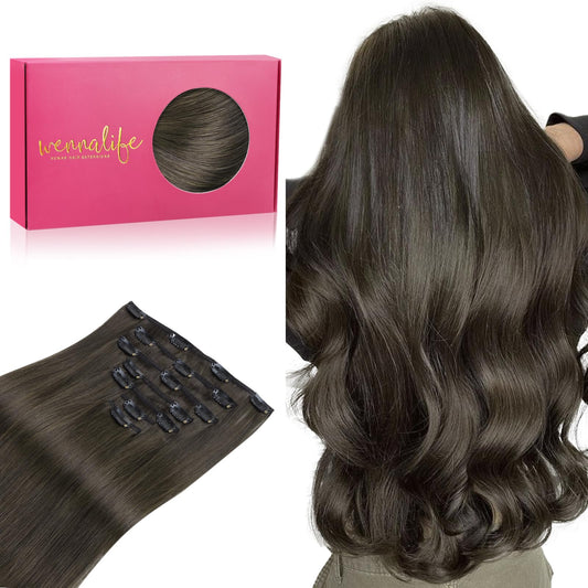 Wennalife Clip In Hair Extensions Real Human Hair, 18 Inch 120G 7Pcs Human Hair Extensions Clip In Human Hair, Cool Dark Brown H