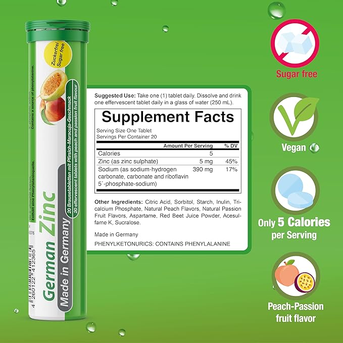 T&D German Zinc 5 mg - 40 Vegan Drink Effervescent Tablets - Peach-Passionfruit Flavor - Made in Germany