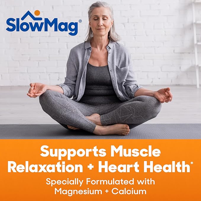 SlowMag Muscle + Heart Magnesium Chloride with Calcium Supplement to Support Muscle Relaxation, Occasional Muscle Cramping & Heart Health, High Absorption, 60 Count