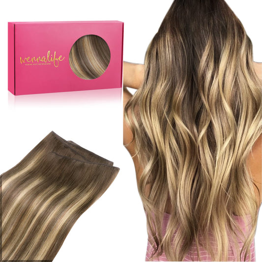 Wennalife Sew In Hair Extensions Real Human Hair, 14 Inch 80G Balayage Chocolate Brown To Caramel Blonde Machine Weft Hair Exten