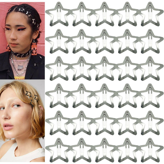 Gketn 30 Pcs 1.22'' Star Hair Clips Snap Hair Barrettes Non Slip Star Hair Accessories For Girls Women 2000S Y2K Silver Metal Ha