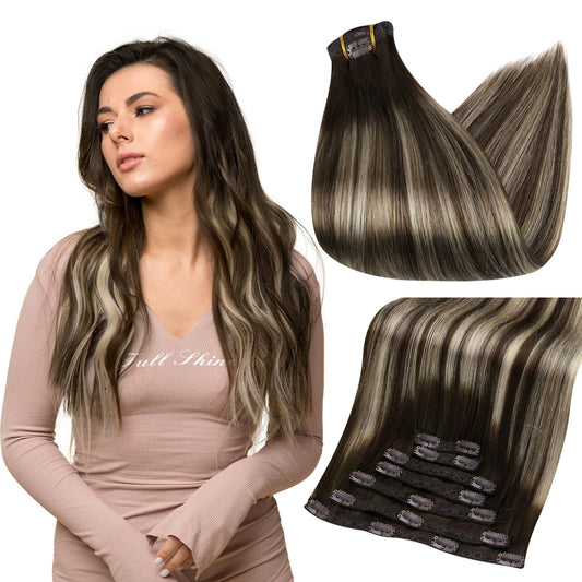 Full Shine Hair Extensions For Short Human Hair Clip In Extensions 12 Inch Dark Brown With Platinum Blonde Clip In Hair Extensio
