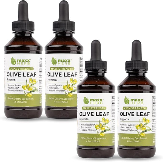Maxx Herb Olive Leaf Extract – Max Strength Oleuropein Liquid Absorbs Better Than Capsules or Tea, for Immune Support, Heart Health, and Seasonal Wellness - 4 Bottles, 4 Oz Each (240 Servings)